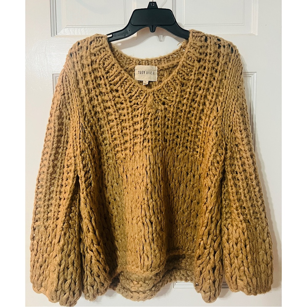 Moon River Tan Crew Neck Sweater with Balloon Sleeves